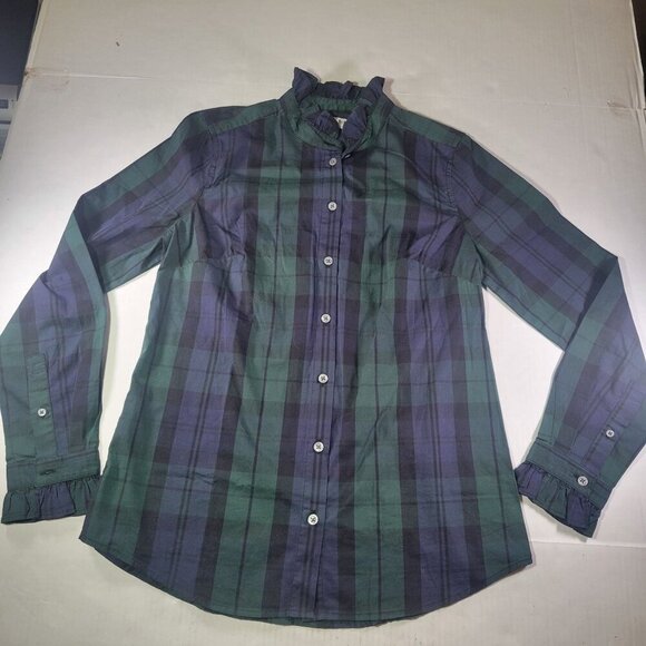 J.Crew Green & Navy Plaid Ruffle Collar Long Sleeve Button-Up Shirt Size  XS - Picture 1 of 8